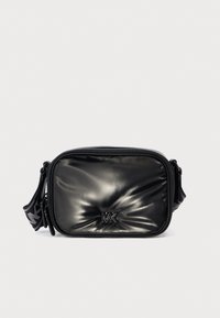 Black nylon crossbody bag with a puffy texture, zip closure, and adjustable strap featuring a logo. Compact rectangular shape.