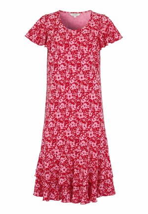 Rode en roze bloemenknielange jurk met korte vlindermouwen en een gerimpelde zoom.