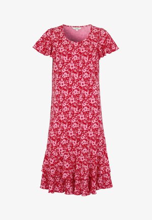 Rode en roze bloemenknielange jurk met korte vlindermouwen en een gerimpelde zoom.