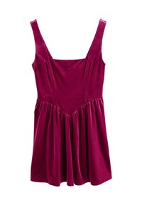 Rochie din catifea fucsia cu un bust ajustat și fustă evazată. Dispune de bretele late și plate și de pliuri subtile pe fustă. Textură netedă.