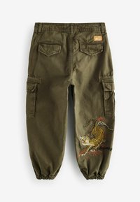 Cargo byxor i olivgrön bomull med resårmidja, prydda med en tigerbroderi och flera sidofickor.