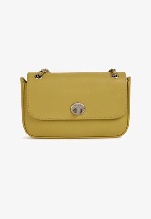 Yellow leather crossbody bag with a flap closure, silver circular hardware, and a chain strap. Smooth texture with stitched edges.