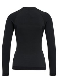 Schwarzes, langärmliges Sportoberteil aus strukturiertem Stoff. Mit Raglanärmeln und einem taillierten Design, das kontrastierende, glatte Einsätze im Rückenbereich aufweist.
