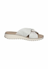 Sandali scivolati in pelle bianca con design annodato sulla parte superiore, suola interna beige morbida e suola in gomma bassa e testurizzata.