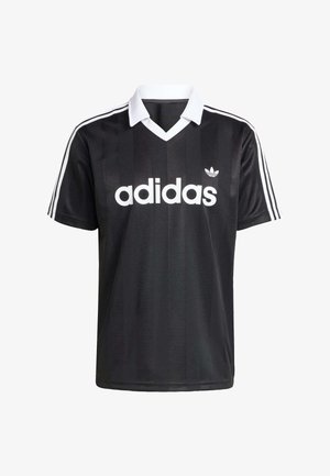 Black short-sleeve jersey made of smooth fabric featuring a white V-neck collar, three white stripes on each shoulder, and a large white logo.
