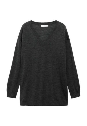 Dark gray V-neck sweater with long sleeves, soft texture, relaxed fit, and ribbed cuffs. Simple design without additional patterns or accents.