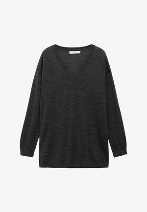 Dark gray V-neck sweater with long sleeves, soft texture, relaxed fit, and ribbed cuffs. Simple design without additional patterns or accents.