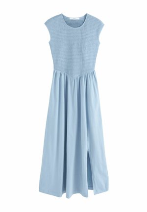 Light blue sleeveless midi dress with a smocked bodice, round neckline, gathered waist, and side slit on a plain background.