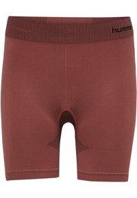 Seamless rust-colored athletic compression shorts with ribbed waistband, textured gusset, and black "hummel" logo on waist.
