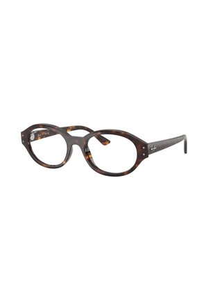 Montatura rettangolare per occhiali con lenti larghe e aste curve in tartaruga marrone. Presenta il logo del marchio sulla stanghetta. Realizzata in plastica.