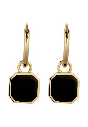 Guldøreringe i ørering form med ottekantede sorte emaljevedhæng sat i guldindfatninger, vist mod en hvid baggrund.