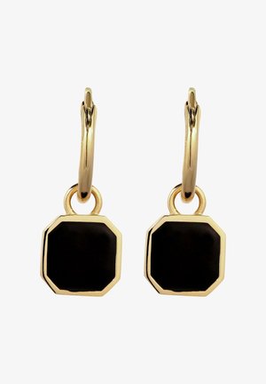 Boucles d'oreilles créoles en or avec pendentifs octogonaux en émail noir encadrés d'or, présentées sur un fond blanc.