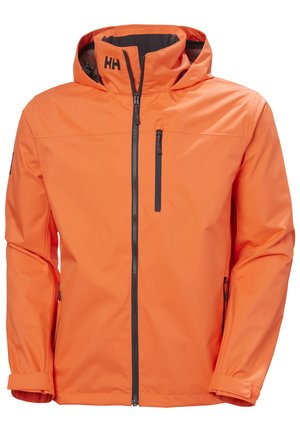 Orange waterproof jacket with a zipped front, adjustable hood, and two side pockets. Features a black logo on the chest and textured fabric.