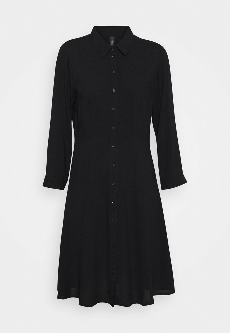 Robe noire boutonnée avec manches longues et col, jupe évasée, boutons allant du col à l'ourlet.