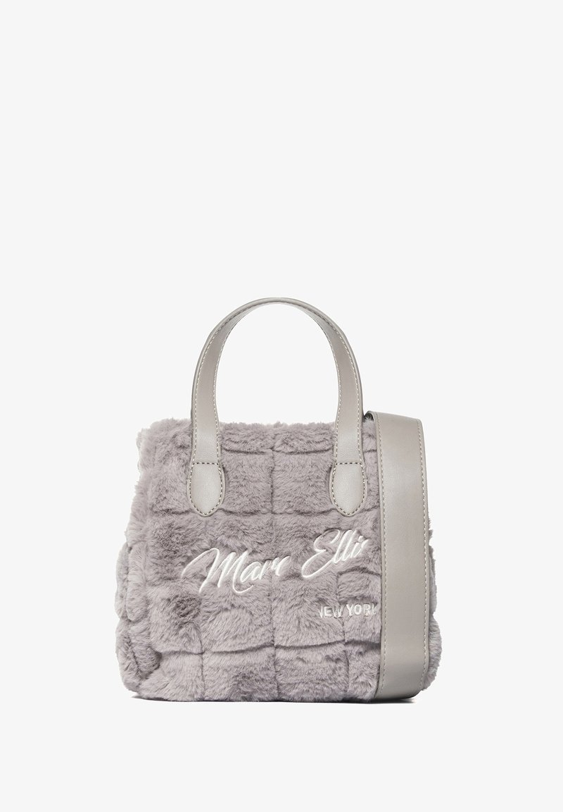 Gray faux fur handbag with quilted texture, leather straps, and embroidered "Marr Ellis New York" logo in white. Adjustable shoulder strap included.