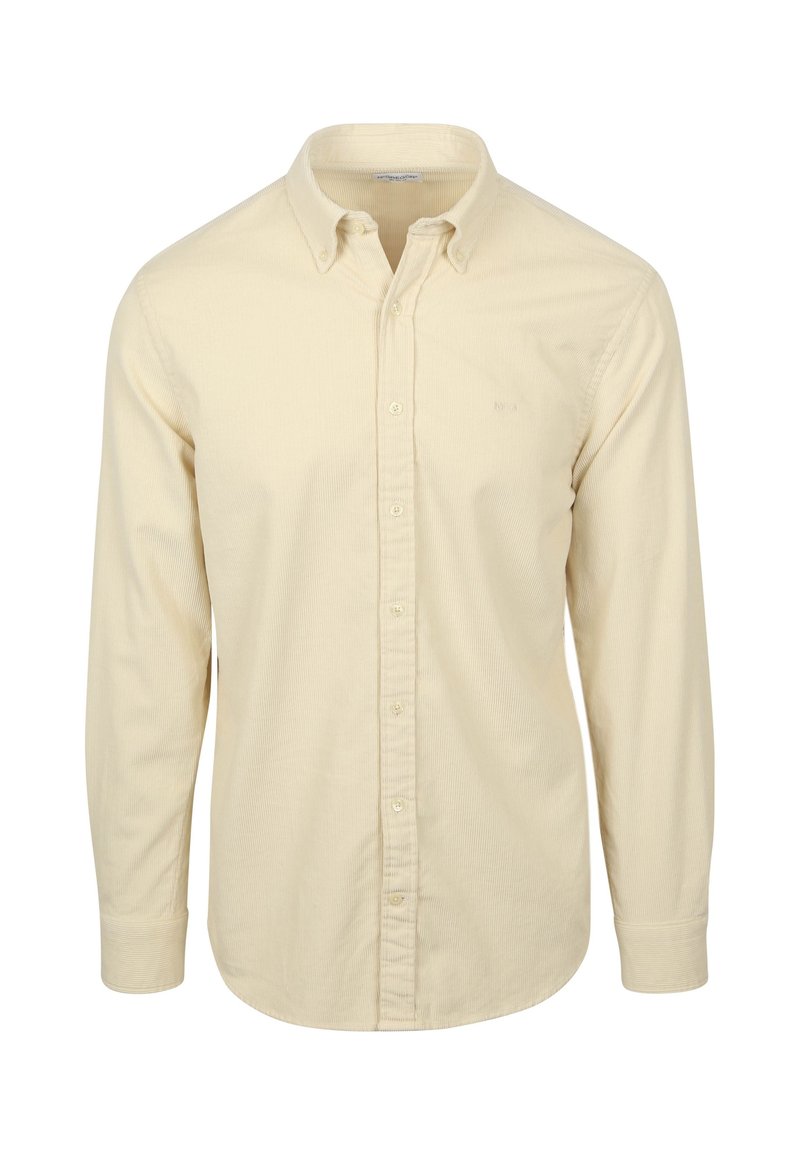 Langärmliges Button-Down-Hemd in hellem Creme mit einer dezenten Rippstruktur und klassischem Kragen mit Knopfverschluss. Kleines Logo auf der Brust.