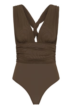 Καφέ ολόσωμο μαγιό με στριφτές φαρδιές τιράντες, ρυθμιζόμενο στη μέση και βαθύ V-ντεκολτέ.