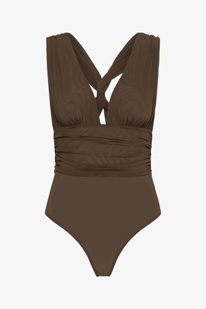 Καφέ ολόσωμο μαγιό με στριφτές φαρδιές τιράντες, ρυθμιζόμενο στη μέση και βαθύ V-ντεκολτέ.