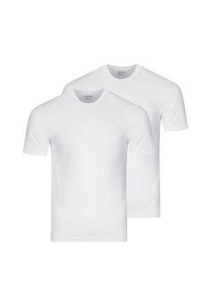 Two plain white short-sleeve crew neck T-shirts, layered with one slightly behind the other, on a white background.
