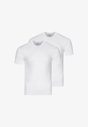 Two plain white short-sleeve crew neck T-shirts, layered with one slightly behind the other, on a white background.