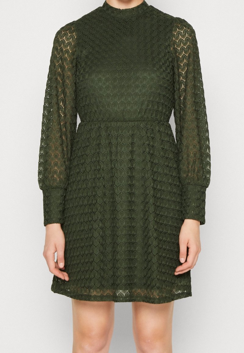 Robe en dentelle vert foncé avec manches longues transparentes, taille cintrée et col montant, se terminant au-dessus des genoux.