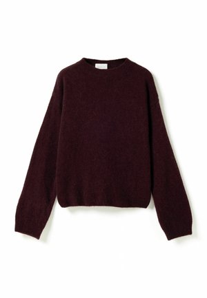 Puha, sötét bordó hosszú ujjú kereknyakú pulóver, laza szabással, bordázott mandzsettákkal és szegéllyel.