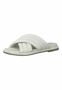 White leather slide sandal featuring a cross-strap design with quilted texture, smooth footbed, and a flat rubber sole for comfort.
