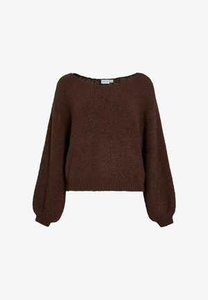 Brauner, gestrickter Pullover mit weitem Ausschnitt und Ballonärmeln. Verfügt über strukturiertes Material und gerippten Saum. Entworfen mit einem lockeren Schnitt.