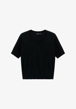 Pull noir à manches courtes et col en V, fabriqué en tissu tricoté lisse, avec une coupe décontractée et un léger ribbage à l'ourlet et à l'encolure.