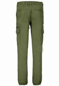 Olivegreenowe spodnie cargo z elastycznym paskiem, mankietami na kostkach, wieloma kieszeniami oraz gładką tkaniną bawełnianą.