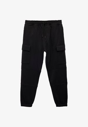 Schwarze Sweatpants aus weichem Stoff, mit elastischem Bund, verstellbarem Kordelzug und zwei seitlichen Cargo-Taschen.