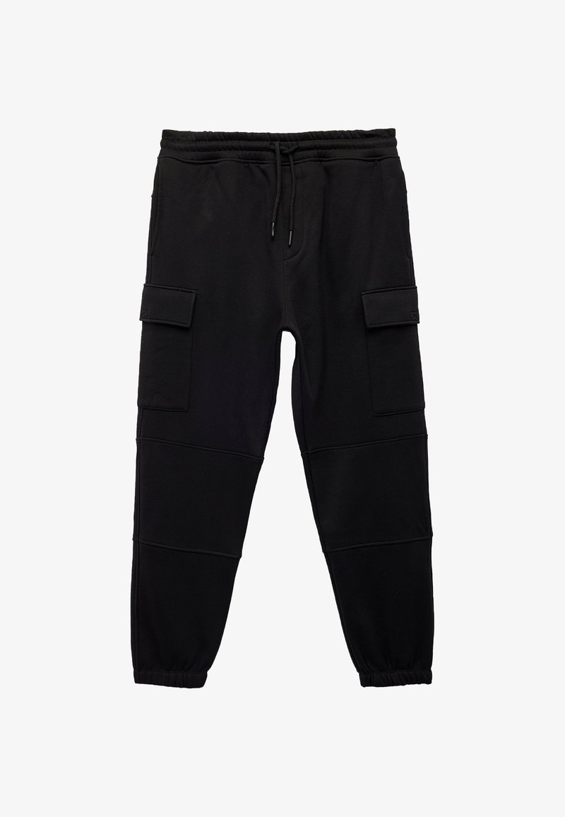 Zwarte joggingbroek van zacht materiaal, met een elastische tailleband, verstelbare trekkoord en twee zijvakken met klep.