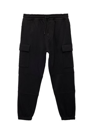 Pantalons de survêtement noirs en tissu doux, avec une taille élastique, un cordon de serrage réglable et deux poches cargo latérales.