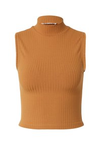 Gerippter, ärmelloser Top mit Mock-Neck in erdigem Braun. Enges Design mit subtiler Dehnbarkeit, Saum leicht tailliert.