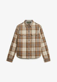 Camisa de cuadros marrón y beige con mangas largas, dos bolsillos en el pecho, botones en la parte delantera y dobladillo redondeado, hecha de tela texturizada.