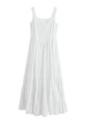 Biele maxi šaty bez rukávov so štvorcovým výstrihom a viacvrstvovou sukňou s jemným textúrovaným vzorom, navrhnuté na bežné nosenie.