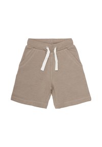 Shorts en coton beige avec une taille élastique, un cordon de serrage blanc et deux poches latérales. Présente des ourlets à double couture et un design simple.