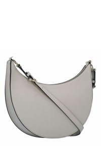Borsa a spalla in pelle grigia con forma a mezzaluna, texture liscia, bordi neri e tracolla regolabile con dettagli in metallo.