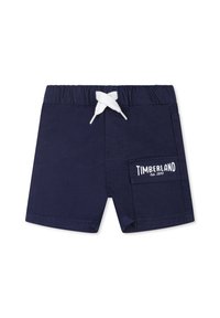 Pantaloni corti blu realizzati in tessuto resistente, con vita regolabile a cordoncino bianco, tasca laterale e dettagli del logo "Timberland" in bianco.