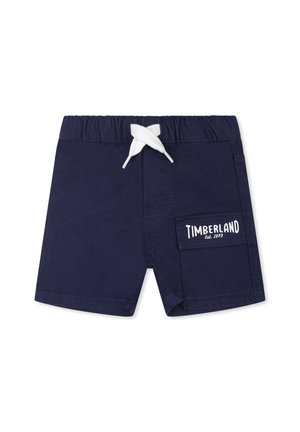 Dunkelblaue Shorts aus strapazierfähigem Stoff, mit einem weißen Kordelzugbund, Seitentasche und weißem "Timberland"-Logodetail.
