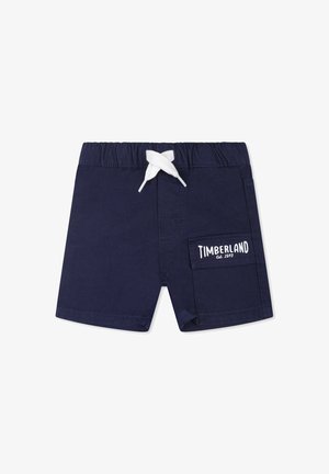 Marineblauwe shorts van duurzaam materiaal, met een witte trekkoord tailleband, zijzak en witte "Timberland" logo-detail.