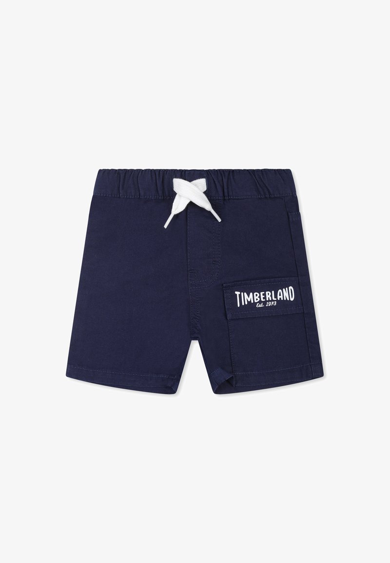 Pantaloni corti blu realizzati in tessuto resistente, con vita regolabile a cordoncino bianco, tasca laterale e dettagli del logo "Timberland" in bianco.