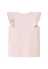 Jasnoróżowa bezrękawnik z falbaniastymi ramionami, z okrągłym dekoltem i miękkiej bawełny. Prosty i gładki design.