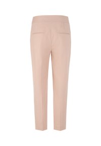 Beige maßgeschneiderte Hose mit schmaler Passform, ausgestattet mit zwei horizontalen Leistentaschen auf der Rückseite und einem hohen Bund.