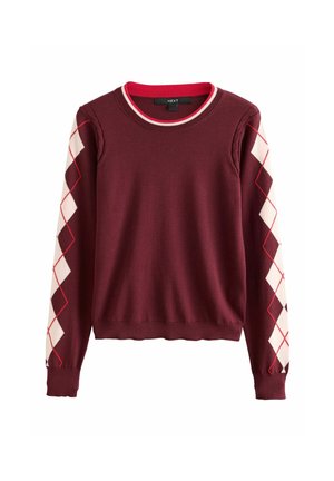 Mahogni crewneck sweater med rødt og hvidt rombemønster på ærmerne og rødt og hvidt stribet kant ved halsen.