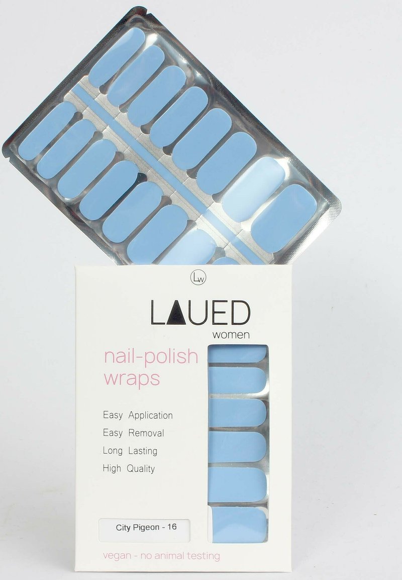 Vernis à ongles bleu emballé dans un blister et une boîte étiquetée LAUED Women, City Pigeon 16, mettant en avant une utilisation facile, une longue tenue, un produit végan, sans tests sur les animaux.