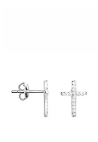 Silberne Kreuz-Stud-Ohrringe mit klaren, funkelschimmernden Akzenten, ausgestattet mit einem polierten Finish und einem schlichten Steckverschluss-Design.