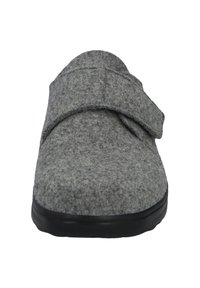 Gray felt slipper with a rounded toe, adjustable strap, and black rubber sole. Textured surface with minimal stitching detail.
