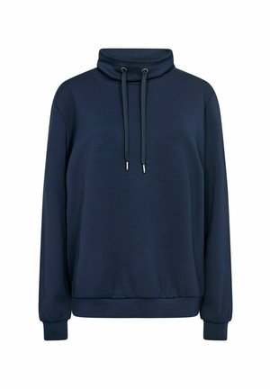 Námořnický modrý pulovr s vysokým límcem, nastavitelnými šnůrkami a žebrovanými manžetami. Vyrobeno z měkké, strukturované tkaniny.