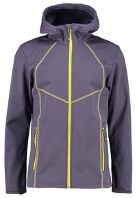 Veste à capuche grise avec fermeture éclair jaune et détails cousus jaunes, deux poches latérales zippées et bracelets ajustables aux poignets.